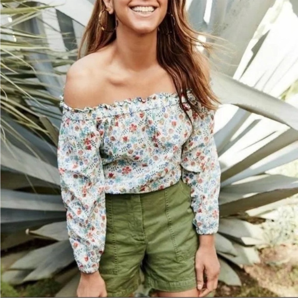 J. Crew Off-Shoulder Floral Blouse in Light Blue with Multi-Color Print